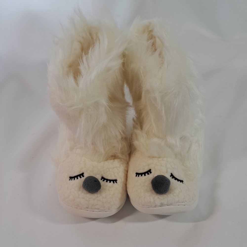 Fluffy Cream Slippers with Cute Face Design